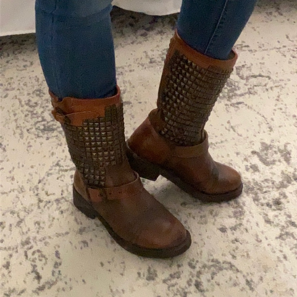 Brown Leather Boots with Rusted Gold Embellishments